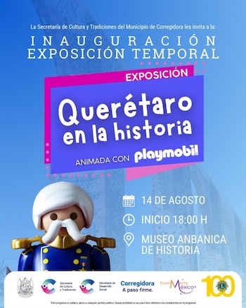 Cartel promocional de una exposición con una figura de Playmobil caracterizada como personaje histórico y datos del evento sobre un fondo azul