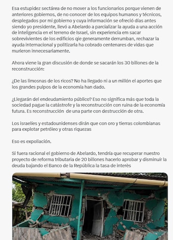 El núcleo político de la crítica del presidente saliente apareció cuando adjudicó la falta de respuesta a una decisión deliberada del nuevo gobierno - crédito @petrogustavo/X