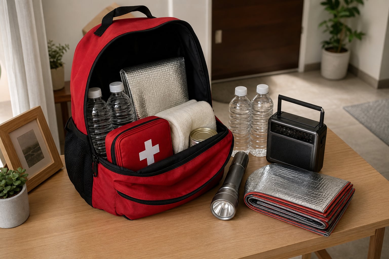 Una mochila de emergencia equipada con botiquín, botellas de agua, radio y linterna fomenta la preparación ciudadana ante eventos sísmicos. (Imagen Ilustrativa Infobae)