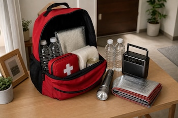 Mochila roja abierta sobre una mesa de madera con botiquín, botellas de agua, linterna, radio portátil y manta térmica.
