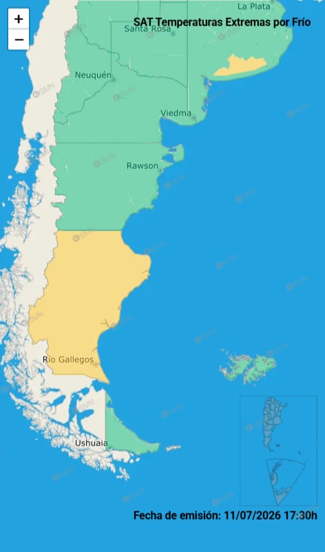 Un mapa de Argentina señala las zonas con alerta por temperaturas extremas bajas, en Santa Cruz y Buenos Aires