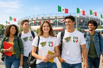 Cinco jóvenes adultos sonrientes caminan al frente de un estadio moderno con banderas mexicanas. Algunos llevan camisetas con logos del Gobierno de México y FIFA 2026.