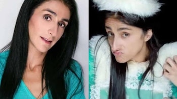Dos imágenes de una mujer de cabello negro, una con prenda azul turquesa y otra con traje verde de encaje blanco y tocado