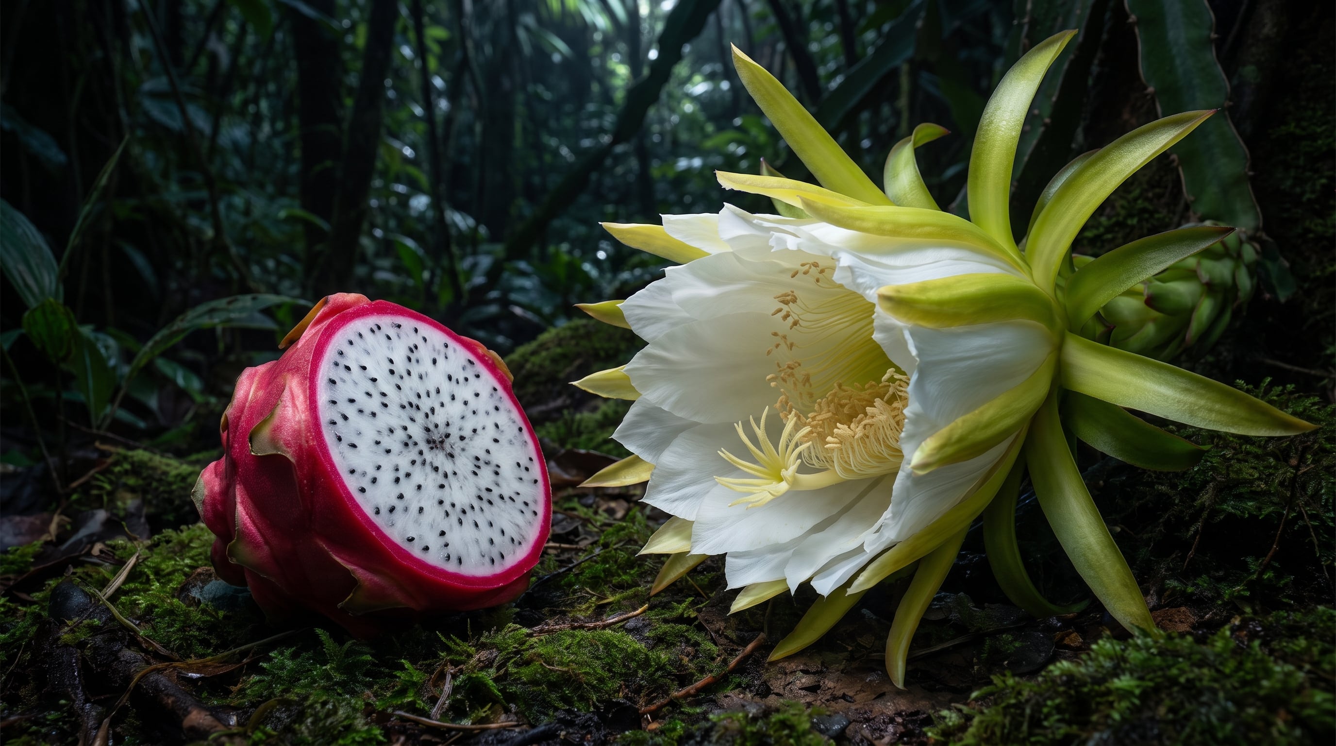 Una pitahaya roja abierta muestra su pulpa blanca con semillas negras, junto a una flor de cactus nocturna en plena floración sobre un lecho de musgo en un bosque tropical. (Imagen Ilustrativa Infobae)