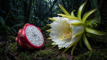 Una pitahaya roja cortada con pulpa blanca y semillas negras al lado de una flor de cactus blanca con pétalos verdes y estambres cremosos, sobre musgo.