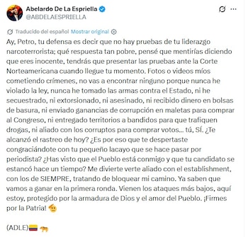 Abelardo de la Espriella se refirió a alas acusaciones de Gustavo Petro en las que menciona que es "narcotraficante" - crédito captura de pantalla Abelardo de la Espriella / X