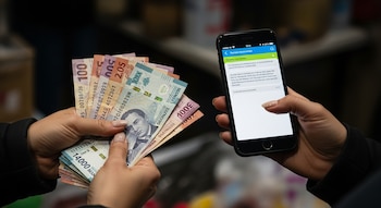 Dos manos sostienen billetes de cien, quinientos y mil pesos mexicanos, y un fajo de catorce mil pesos. Una de las manos también sostiene un teléfono móvil.