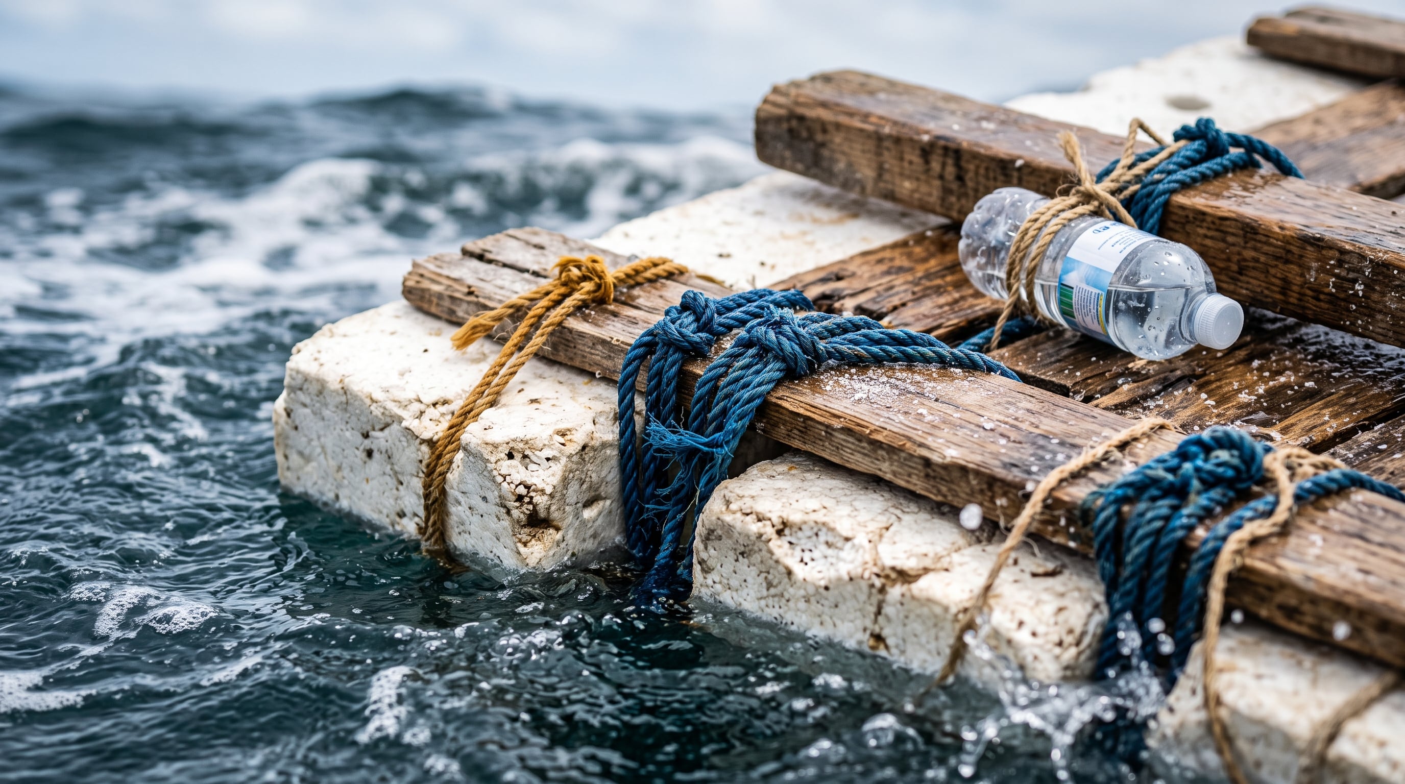 Una balsa artesanal compuesta por bloques de poliestireno, tablas de madera y cuerdas flota sobre el agua marina. (Imagen Ilustrativa Infobae)
