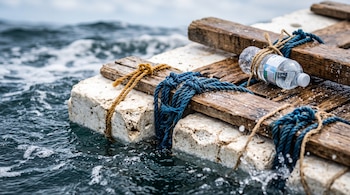 Bloques de poliestireno blanco y tablas de madera atados con cuerdas de colores flotan en el mar junto a una botella de plástico.