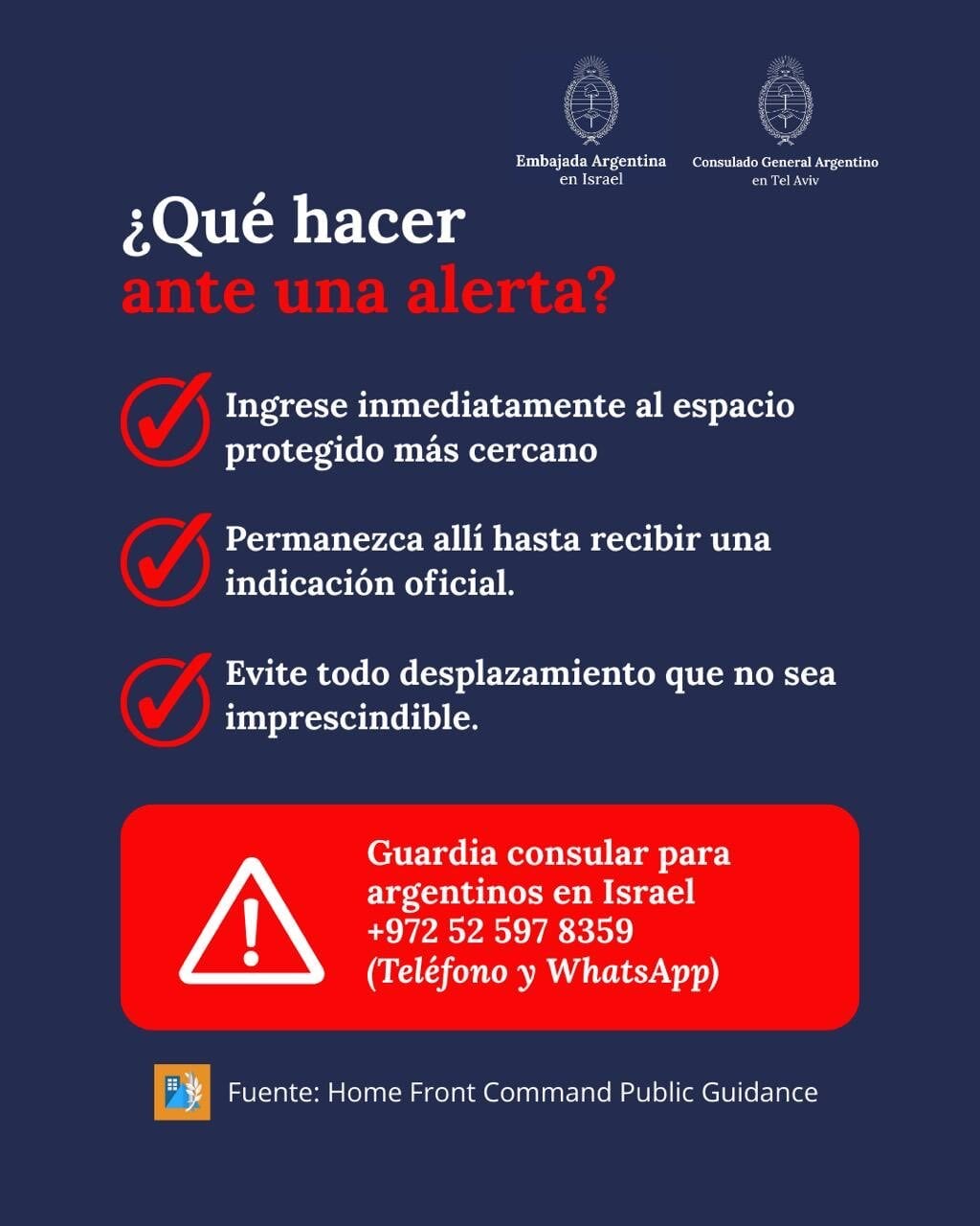 El Consulado General Argentino en Tel Aviv publica un aviso con instrucciones de seguridad y un número de guardia consular para ciudadanos argentinos en Israel, en el contexto del conflicto con Irán.
