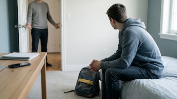 Un joven sentado en una cama, una mochila en el suelo, una mesa con un cuaderno y teléfono, y un adulto de pie en el marco de la puerta.