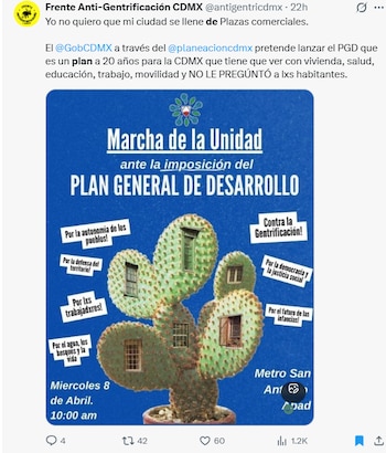 Las razones de la inconformidad revelan tensiones sobre el futuro, la consulta y las decisiones sobre el territorio urbano.(Crédito:
X@antigentricdmx)
·