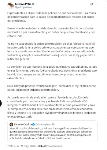 El presidente Gustavo Petro aseguró que no aprobó la inclusión de extraditables en la lista de 29 criminales del EGC - crédito @petrogustavo/X