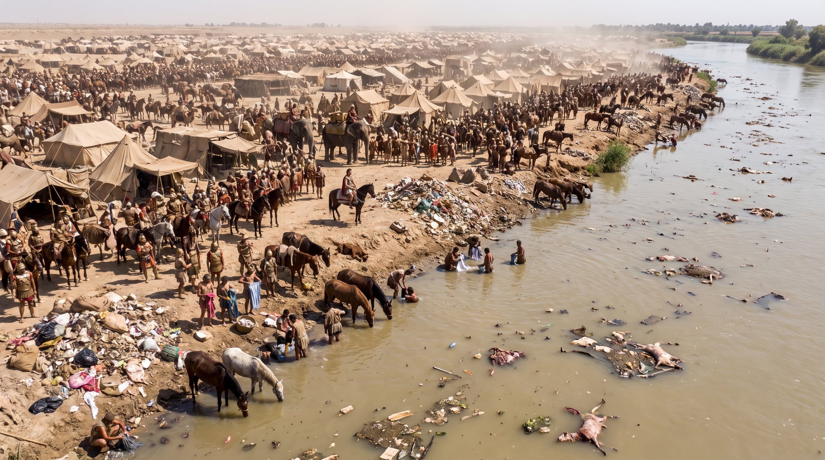 El campamento del ejército macedonio sobre el Éufrates pudo contaminar el agua con residuos orgánicos y favorecer bacterias asociadas a la fiebre tifoidea (Imagen Ilustrativa Infobae)