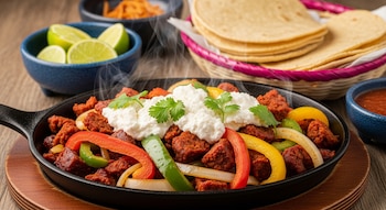 Alambre de chorizo humeante en sartén con pimientos, cebolla, queso y cilantro. Acompañan limas, tortillas y salsa, todo sobre una mesa de madera.