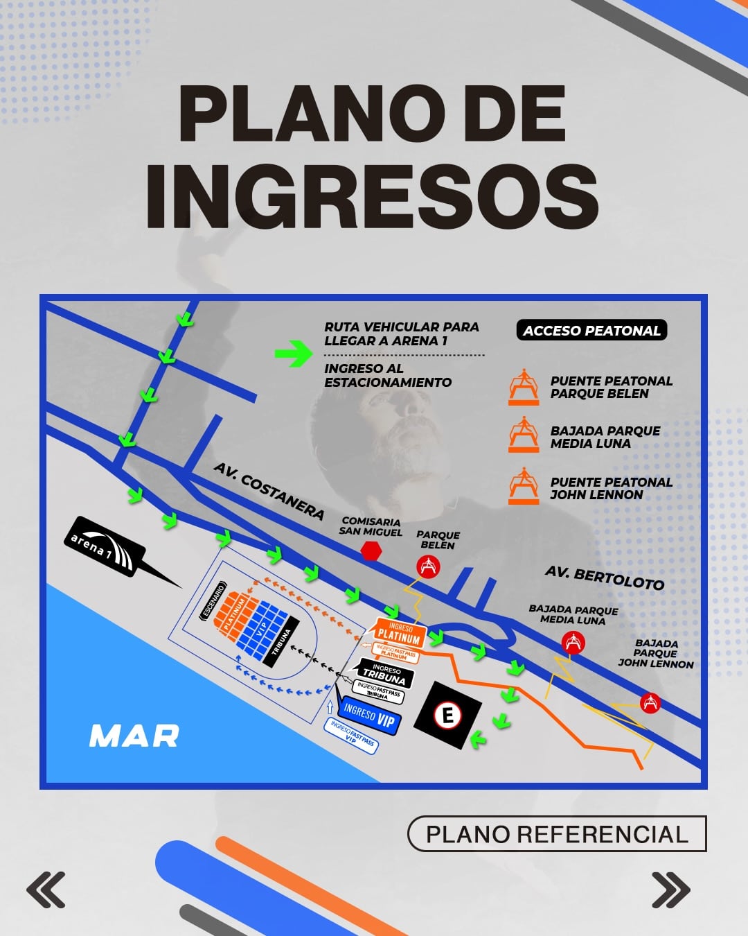 Mapa detallado con rutas vehiculares, accesos peatonales y distribución de ingresos para el concierto de Laura Pausini en Arena 1, Lima.