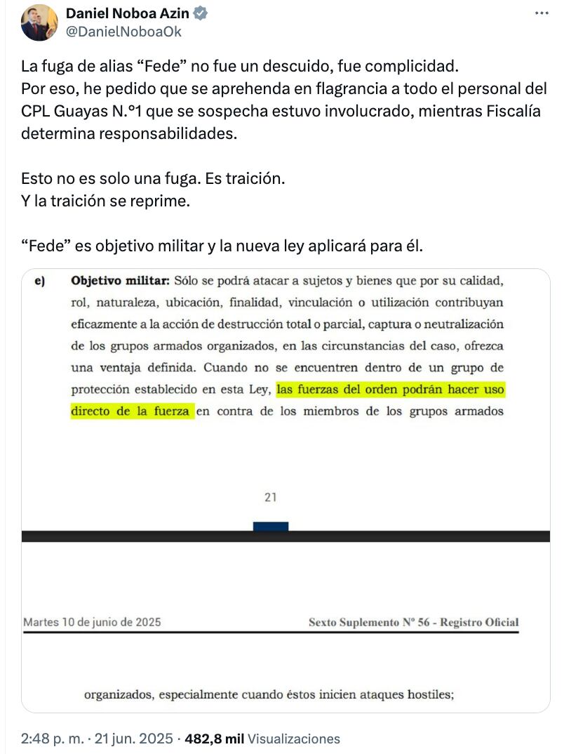Daniel Noboa sobre la fuga de alias Fede.