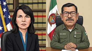Ilustración de la jueza Katherine Polk Failla frente a la bandera de EE. UU. y libros, y el general Gerardo Mérida Sánchez con uniforme militar frente a una bandera mexicana.