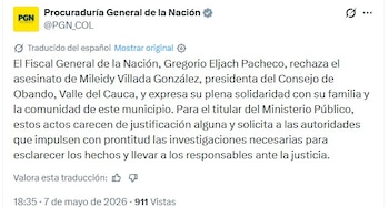 Las fuerzas del orden desarticularon una célula sicarial vinculada al grupo delictivo, en desarrollo de las pesquisas por el asesinato de la presidenta del Concejo de Obando, ocurrido a plena luz del día - crédito cpatura de pantalla / @PGN_COL / X