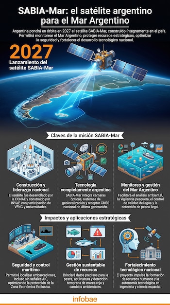 Infografía del satélite SABIA-Mar sobre el mapa de Argentina con la fecha 2027 e íconos que representan la construcción, tecnología, monitoreo y seguridad marítima.