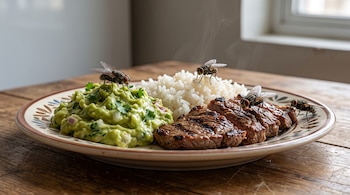 Un plato cerámico con guacamole, arroz blanco y carne asada sobre el cual hay cuatro moscas.
