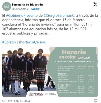 Puebla informó que a partir