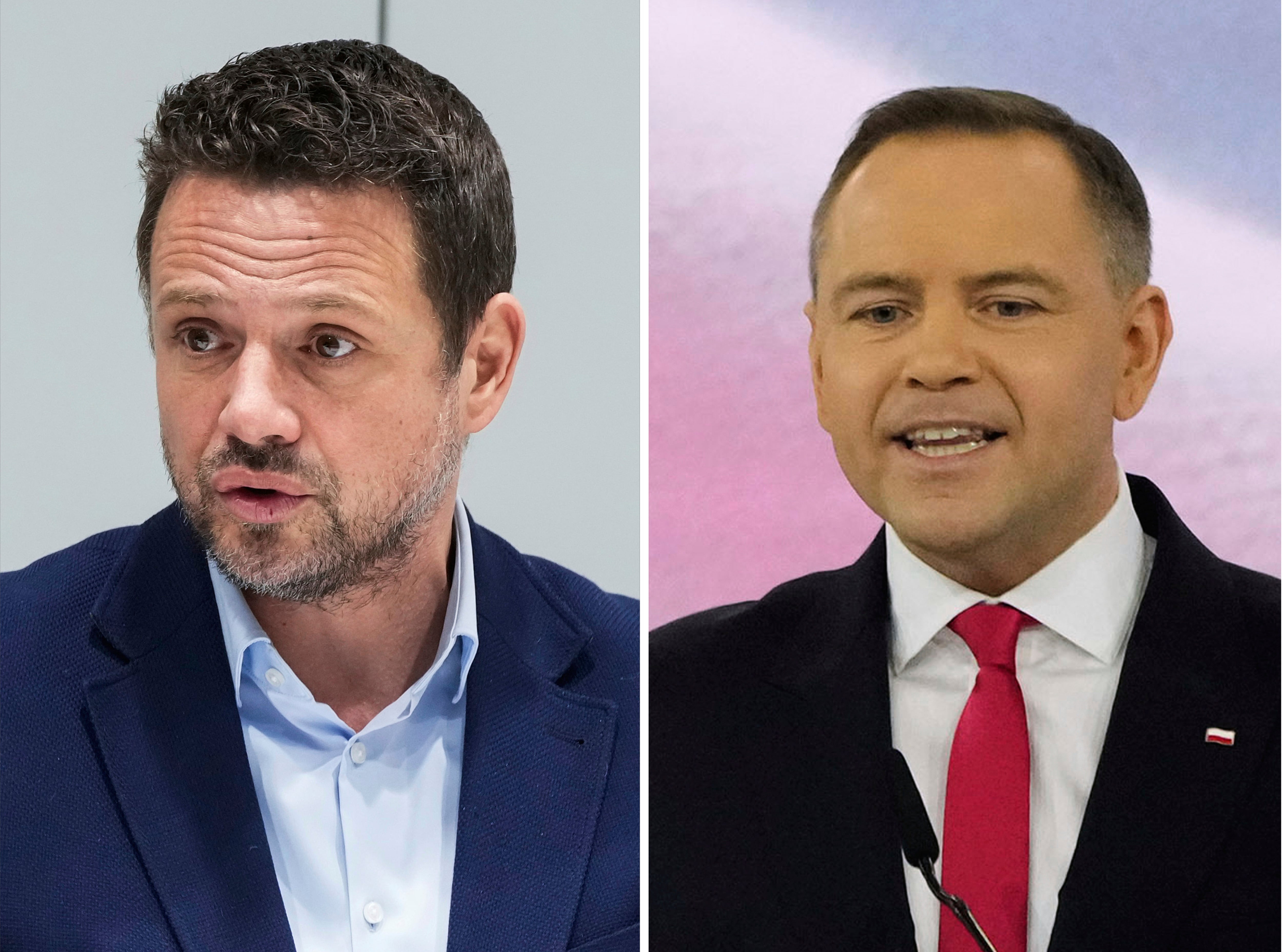Esta imagen combinada, el alcalde de Varsovia Rafal Trzaskowski, a la izquierda, en Varsovia, Polonia, el 14 de marzo de 2022, y Karol Nawrocki en Szeligi, cerca de Varsovia, Polonia, el 2 de marzo de 2025. (AP Foto/Czarek Sokolowski, Archivo)