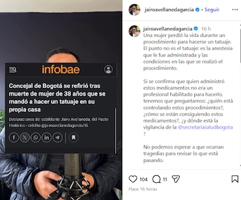 El concejal Jairo Avellaneda cuestionó que hasta el momento no haya ninguna persona capturada, y que se desconozca el paradero de los dos sujetos: el tatuador y el anestesiólogo que resultó siendo un auxiliar de enfermería - crédito @jairoavellanedagarcia/IG