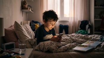 Un niño sentado en una cama deshecha mira la pantalla iluminada de un teléfono móvil, junto a un libro abierto y un vaso de agua.