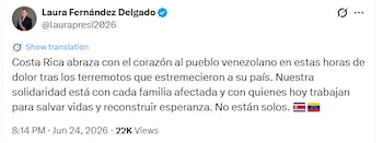 Costa Rica y el PARLACEN enviaron mensajes de apoyo al pueblo venezolano y reconocieron la labor de los equipos de emergencia.