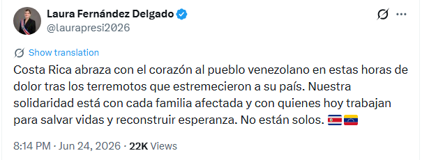 Costa Rica y el PARLACEN enviaron mensajes de apoyo al pueblo venezolano y reconocieron la labor de los equipos de emergencia.