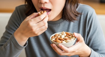 Vista de cerca de una persona comiendo almendras de su mano, mientras sostiene un cuenco lleno de almendras y pistachos con la otra mano.