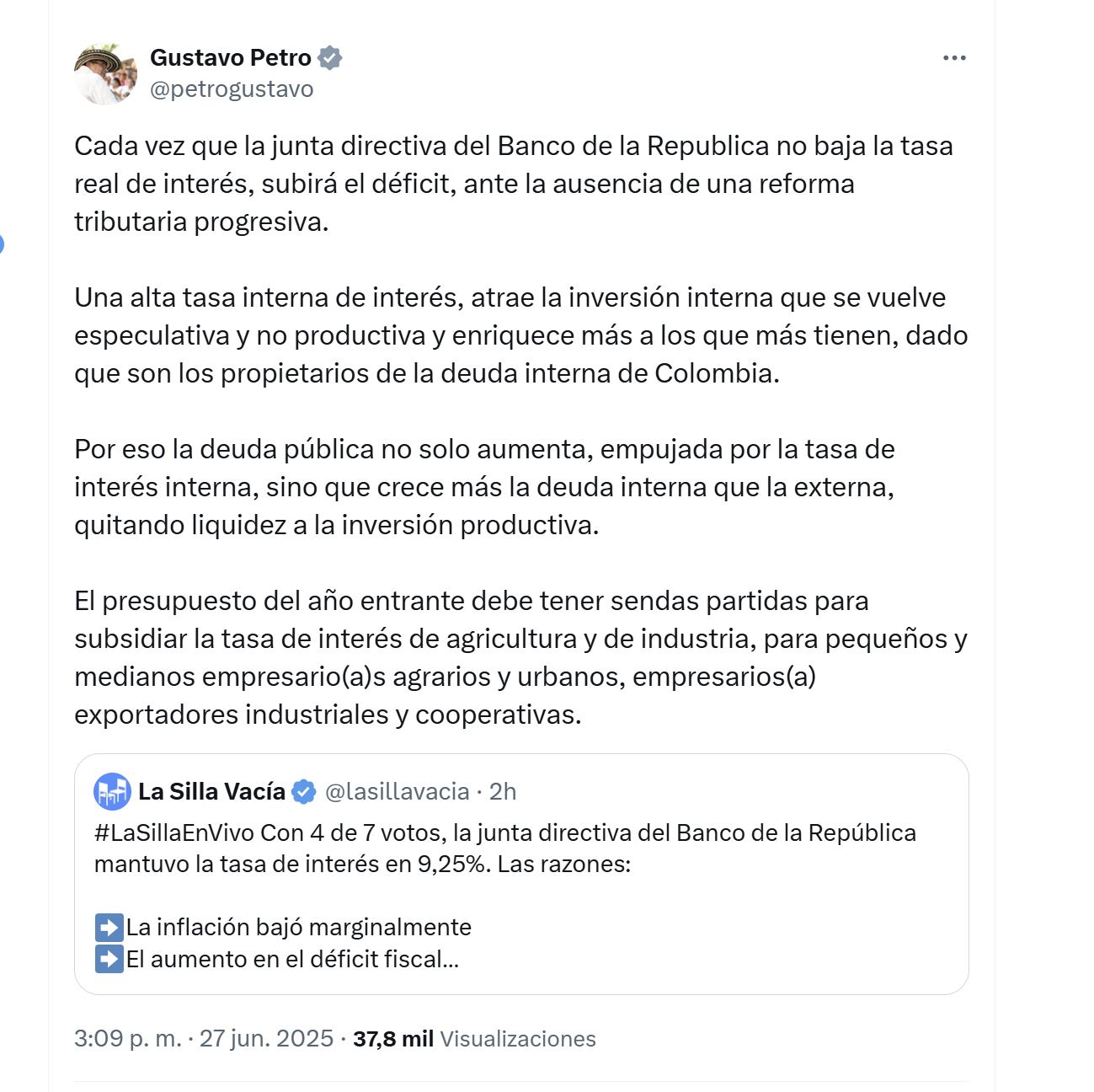 El presidente Gustavo Petro rechazó la decisión del Banco de la República de no bajar la tasa de interés - crédito @petrogustavo/X