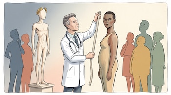 Un médico con cinta métrica junto a una mujer, una estatua delgada con corona de laurel sobre un pedestal y varias figuras humanas alrededor.