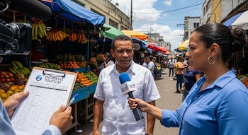 Un hombre es entrevistado por una mujer que sostiene un micrófono. Otra persona sujeta un portapapeles con el texto 'ENCUESTAS POLÍTICAS'. Se observa una cámara de video y puestos de frutas en el mercado.
