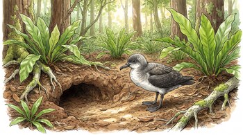Ilustración de un ave juvenil junto a una madriguera en el suelo de un bosque rodeado de helechos, árboles y hojarasca.
