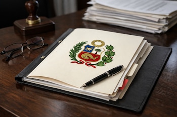 Expediente legal abierto con el escudo de Perú en un escritorio de madera. Una pluma estilográfica negra y anteojos de lectura están cerca, con papeles al fondo.