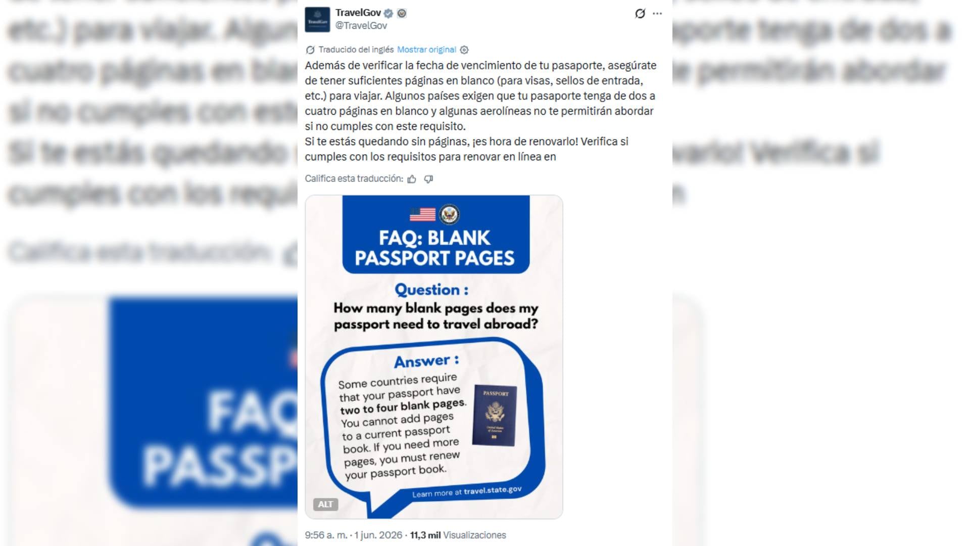 Una captura de pantalla de un tuit de TravelGov informa a los ciudadanos sobre la cantidad de páginas en blanco necesarias en su pasaporte para viajar al extranjero. Destaca la necesidad de renovación si no se cumplen los requisitos (@TravelGov)