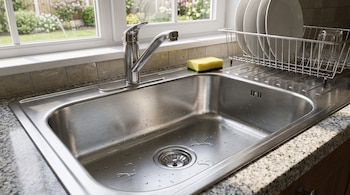 Fregadero de cocina de acero inoxidable con grifo, escurreplatos, platos blancos, vaso, esponja amarilla y encimera de granito bajo una ventana que mira a un jardín