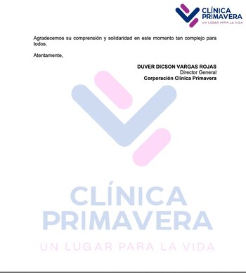 Comunicado oficial Clínica Primavera - crédito Clínica Primavera
