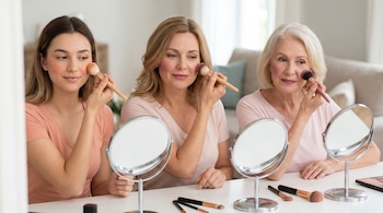 Tres mujeres de diferentes edades aplican rubor en sus mejillas usando brochas y espejos de mesa individuales, sentadas frente a un fondo claro.
