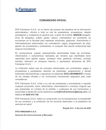 Famisanar hizo un llamado a prestadores, proveedores, aliados estratégicos y ciudadanía para que denuncien cualquier propuesta de intermediación, cobro o contacto irregular realizado en nombre de la EPS - crédito Famisanar EPS