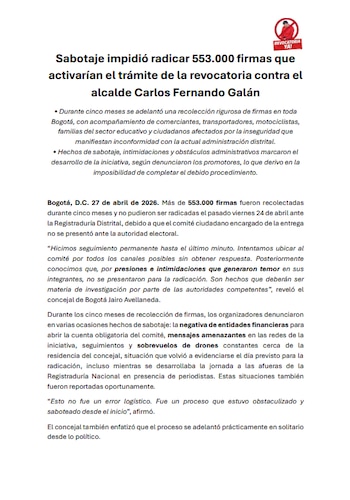 Más de 553.000 firmas para revocatoria en Bogotá no fueron presentadas por presuntas amenazas al comité promotor - crédito suministrado a Infobae Colombia