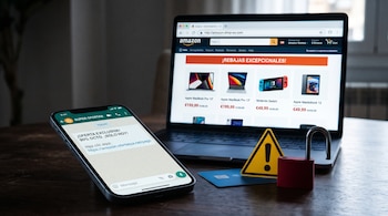 Un teléfono inteligente, una computadora portátil con un portal web, una tarjeta bancaria, una señal triangular de alerta y un candado abierto.