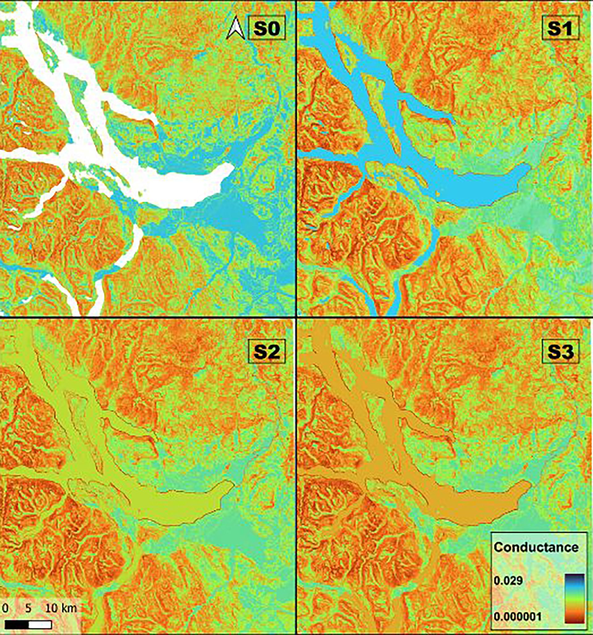 El valor 0 indica que el lago no es transitable. Las zonas oscuras muestran mayor dificultad terrestre y las claras, menos dificultad (CONICET)