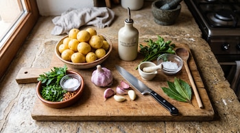 Tabla de madera con un cuenco de papas criollas, ajo, aceite de oliva, un cuchillo, perejil, hojas de laurel y sal.