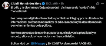 Citlalli Hernández Mora publica un mensaje en X en el que manifiesta respaldo al futbolista francés y fija postura contra la discriminación, luego de la polémica por comentarios de una senadora paraguaya sobre el jugador. (@CitlaHM)