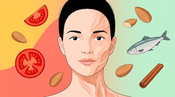 Rostro femenino con un lado liso y el otro con arrugas. Alrededor, rodajas de tomate, almendras, un pescado y una rama de canela sobre fondo degradado.