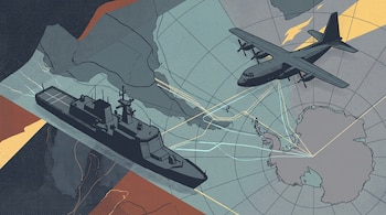 Ilustración con un buque patrullero, un avión de transporte militar, mapas de América del Sur y la Antártida, y líneas sobre una cuadrícula marina.