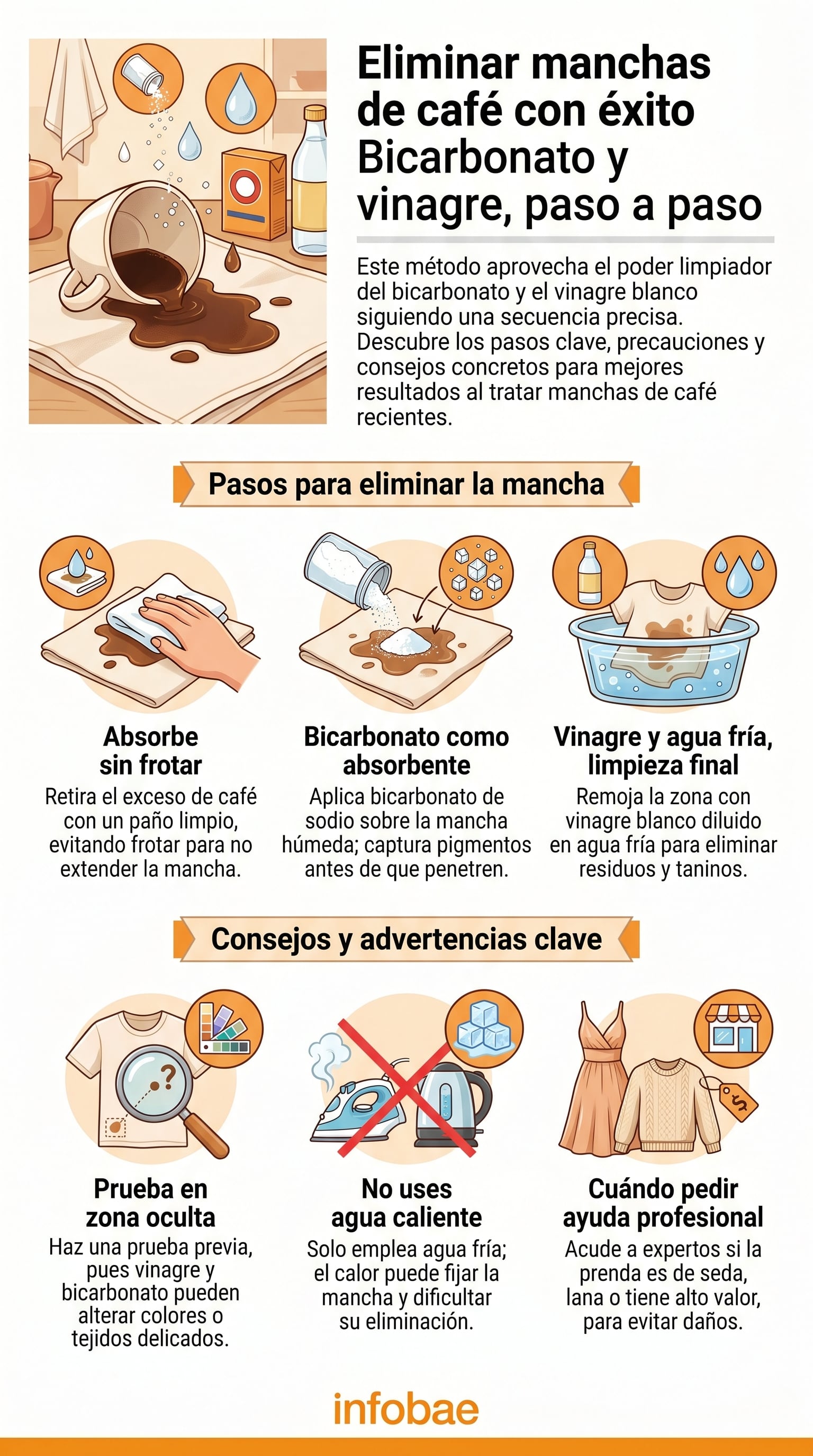 Guía visual que detalla el proceso para eliminar manchas de café de la ropa con bicarbonato de sodio y vinagre, incluyendo pasos, advertencias sobre agua caliente y la importancia de probar en zonas ocultas para proteger los tejidos. (Imagen Ilustrativa Infobae)